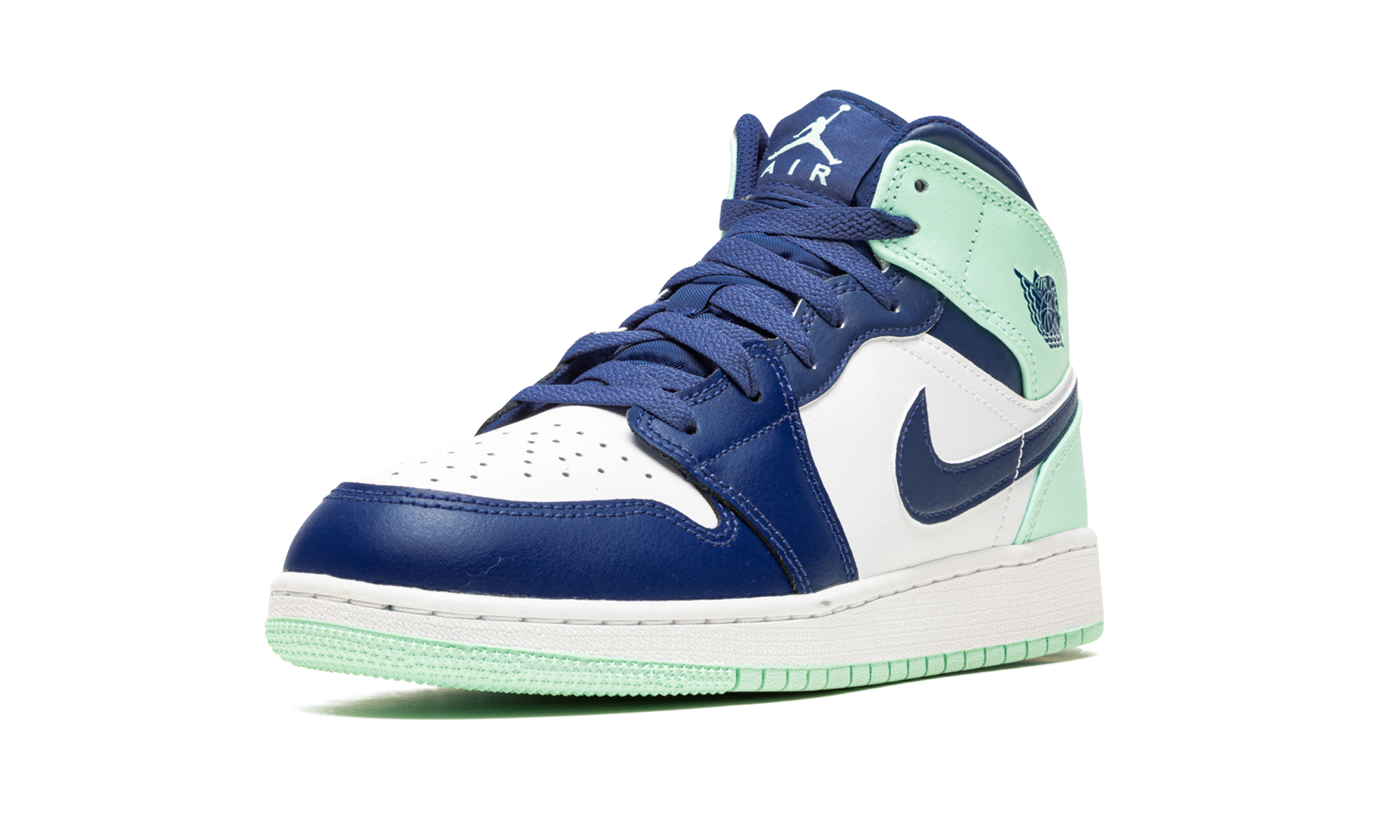 jordan 1 mid mystic navy mint foam gs+554725-413+left diagnol single view