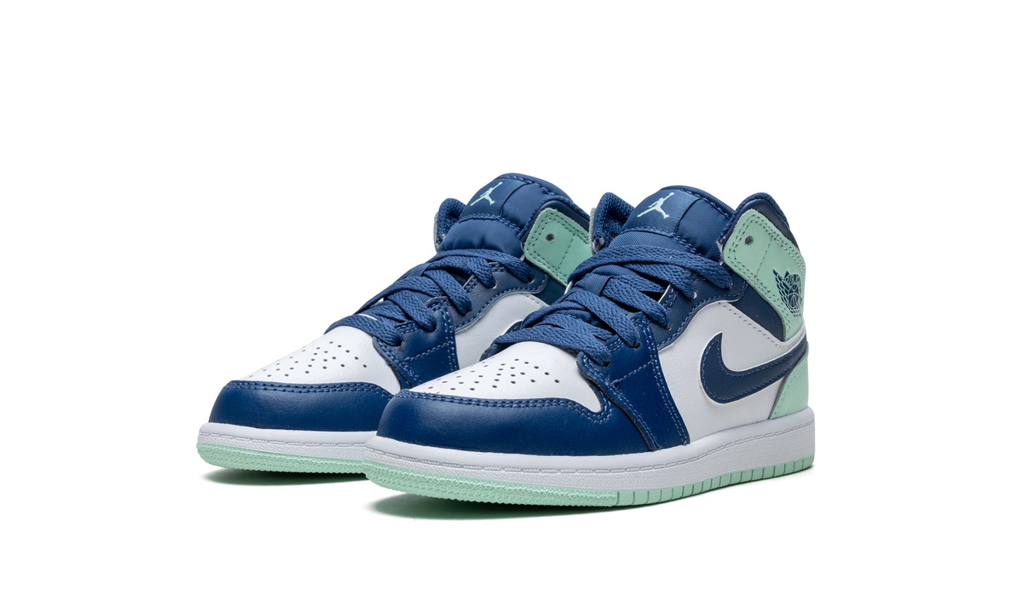 jordan 1 mid mystic navy mint foam ps+640734-413+diagnol left view