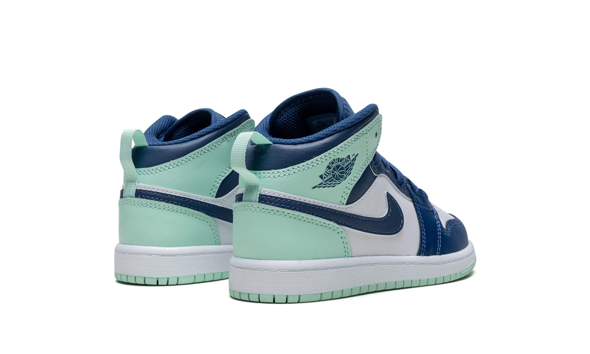 jordan 1 mid mystic navy mint foam ps+640734-413+diagnol right behind view