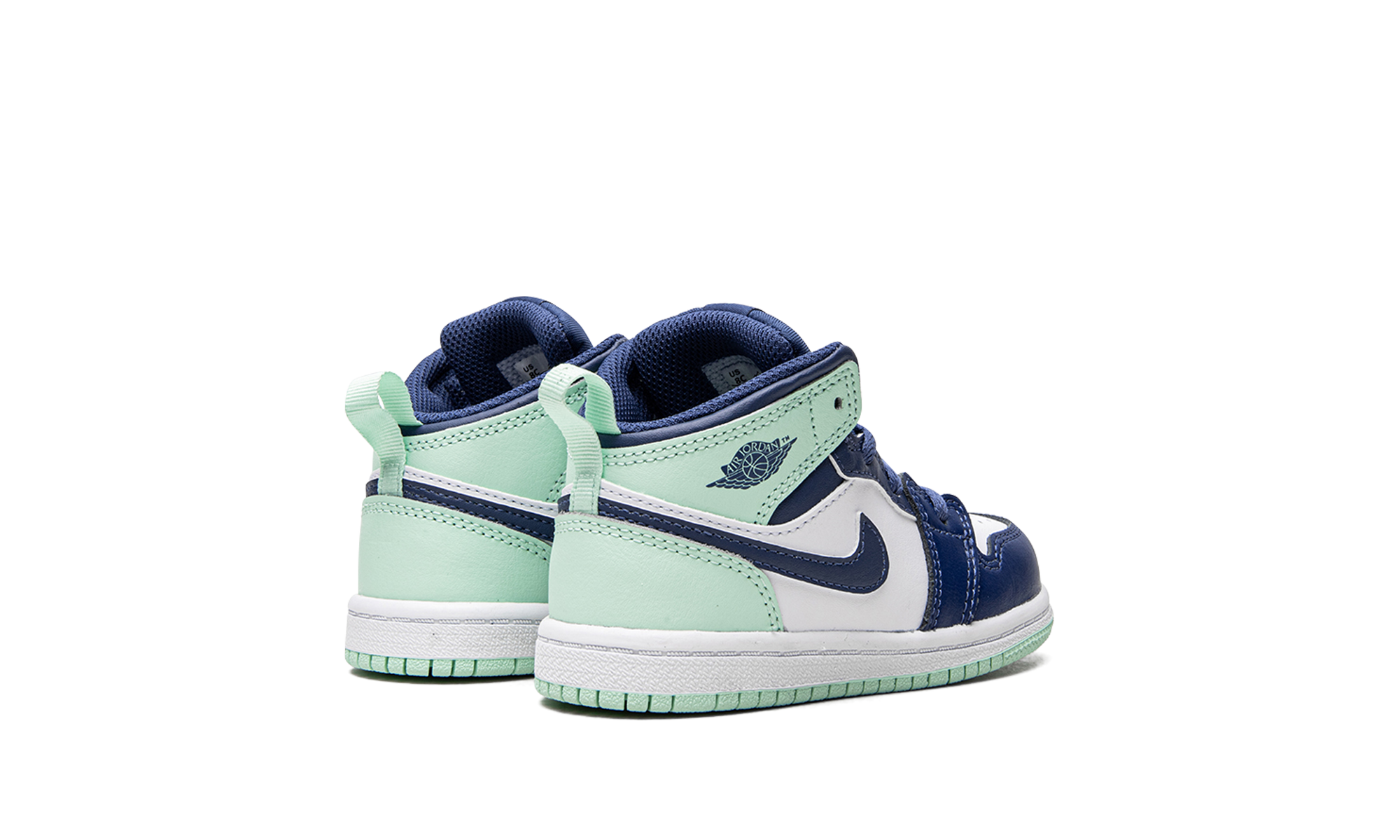 jordan 1 mid mystic navy mint foam td+640735-413+diagnol right behind view