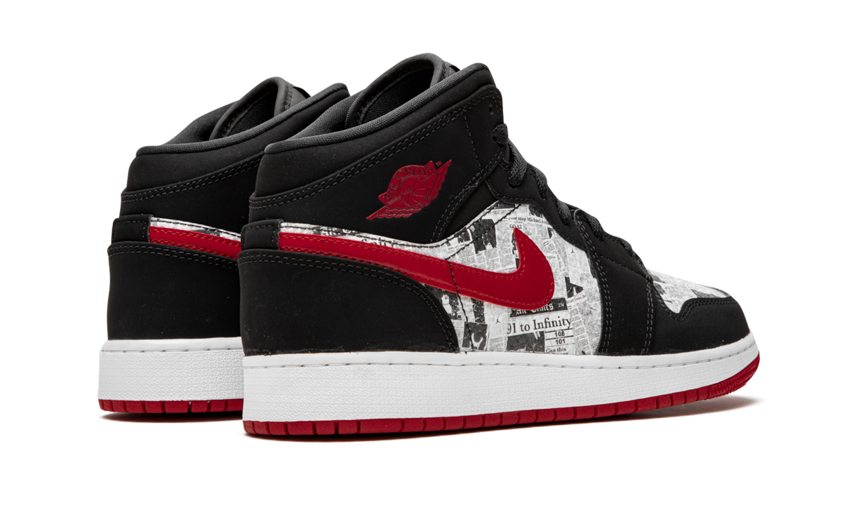 jordan 1 mid newspaper air times gs+BQ6931-061+diagnol right behind view