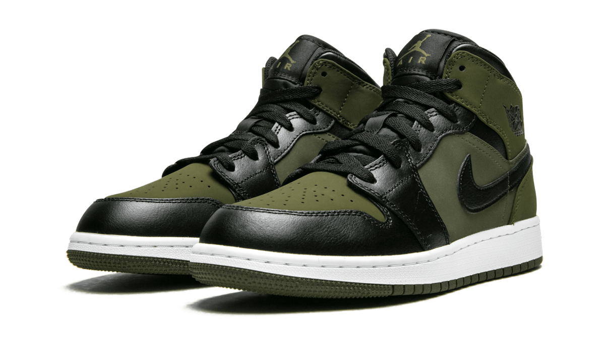 jordan 1 mid olive canvas black gs+554725-301+diagnol left view