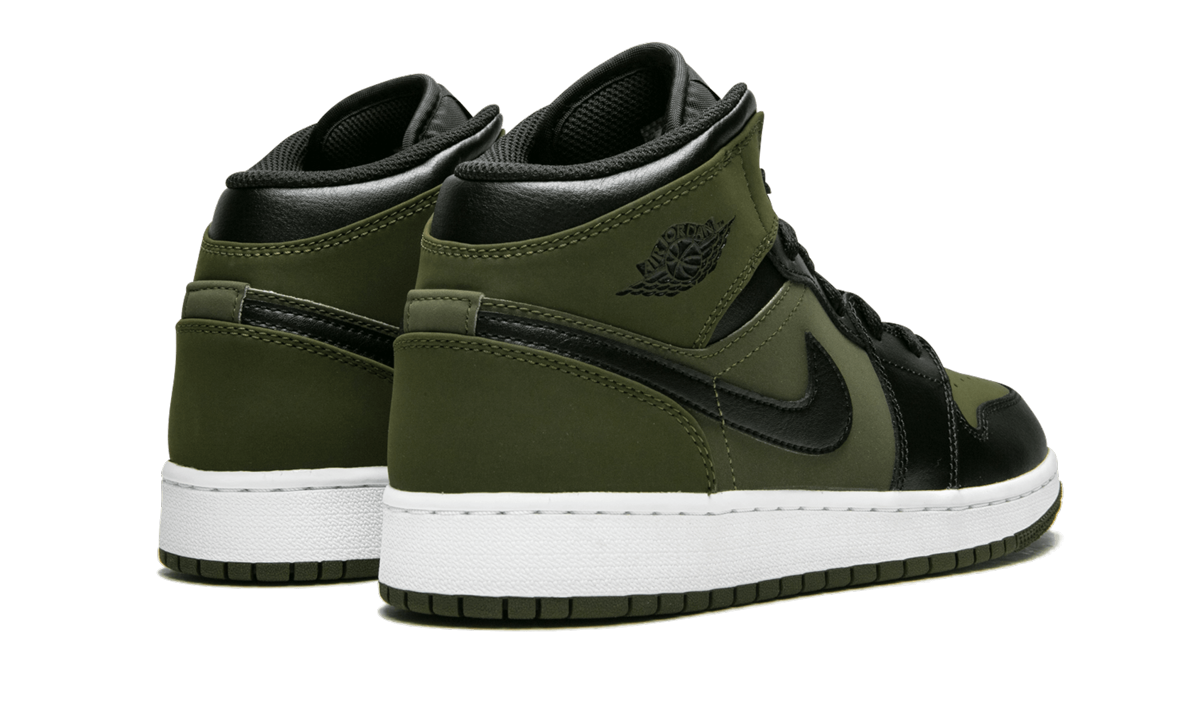 jordan 1 mid olive canvas black gs+554725-301+diagnol right behind view