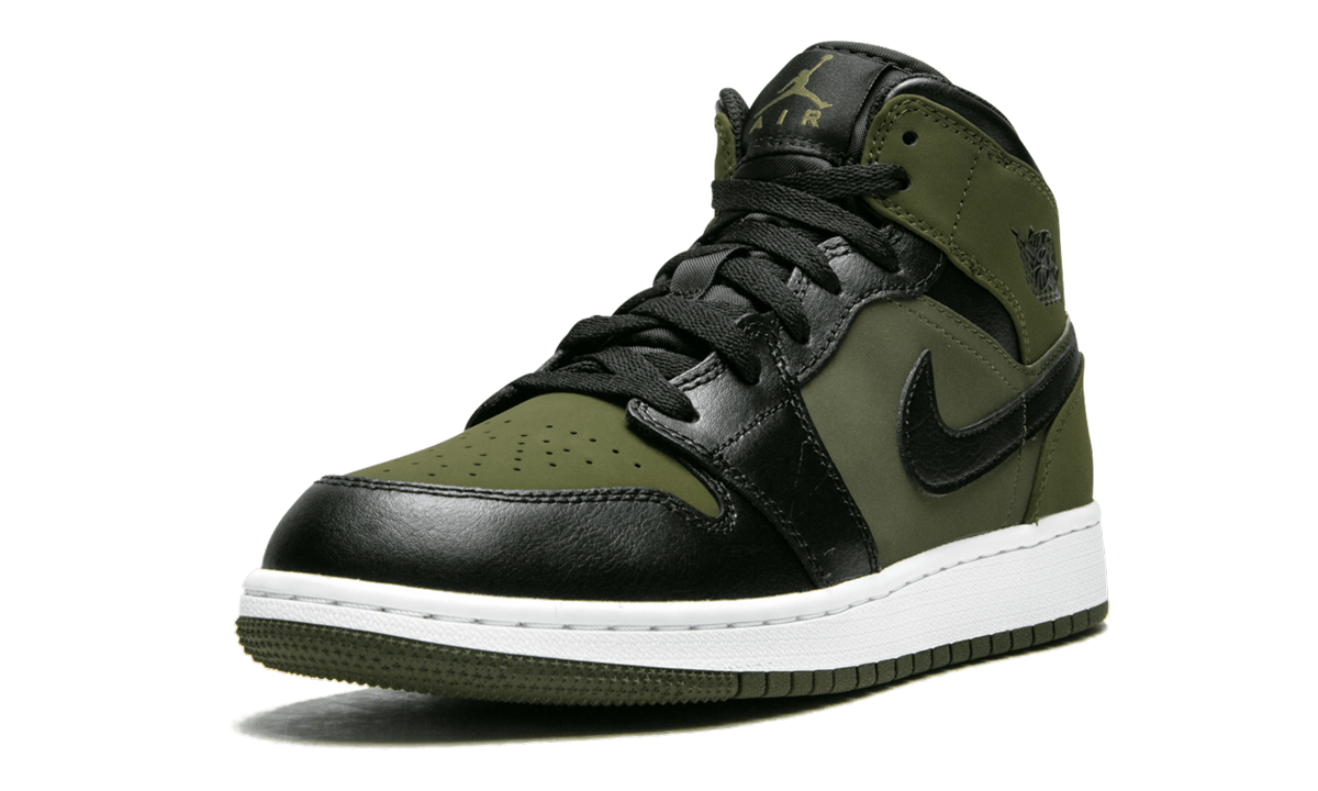 jordan 1 mid olive canvas black gs+554725-301+left diagnol single view