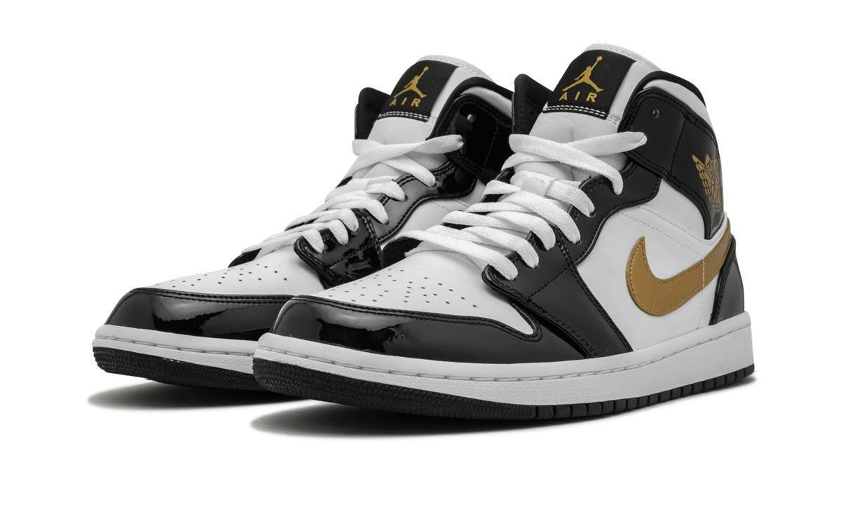 jordan 1 mid patent black white gold+852542-007+diagnol left view