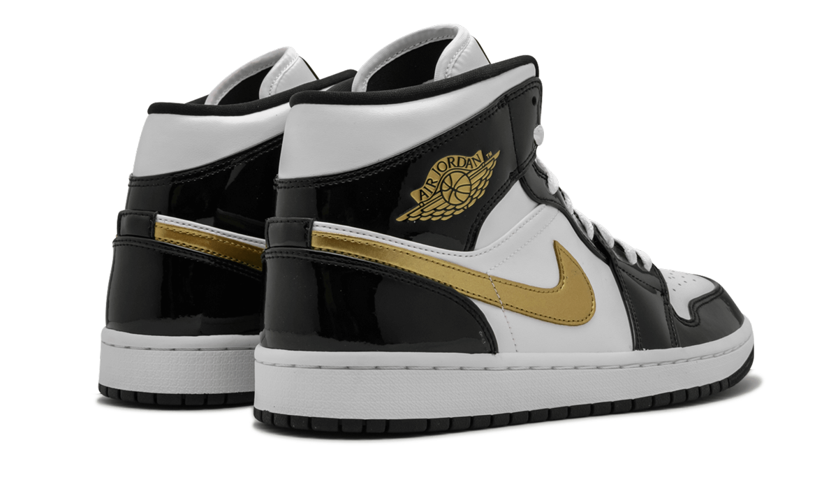 jordan 1 mid patent black white gold+852542-007+diagnol right behind view