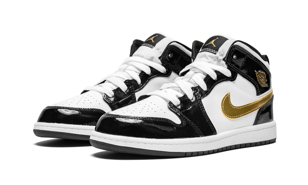 jordan 1 mid patent black white gold ps+BQ6932-007+diagnol left view