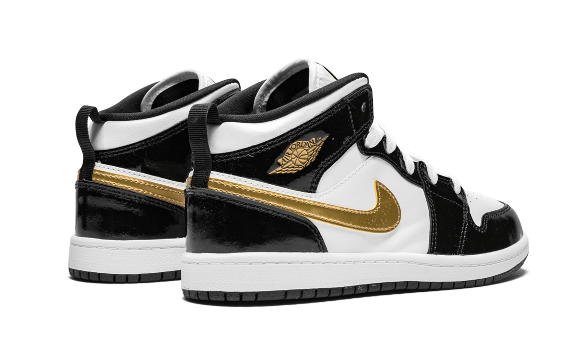 jordan 1 mid patent black white gold ps+BQ6932-007+diagnol right behind view