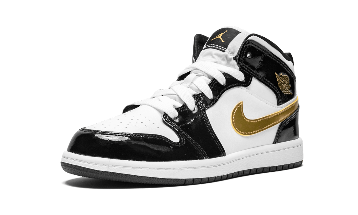 jordan 1 mid patent black white gold ps+BQ6932-007+left diagnol single view