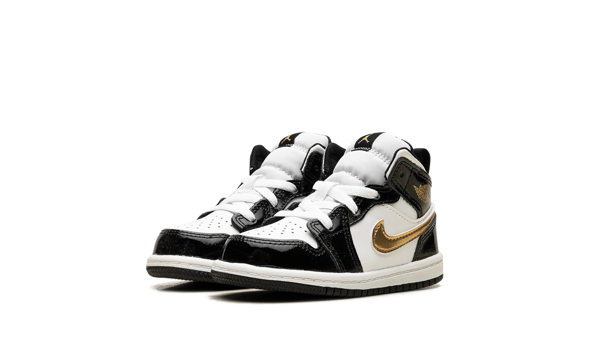 jordan 1 mid patent black white gold td+BQ6933-007+diagnol left view