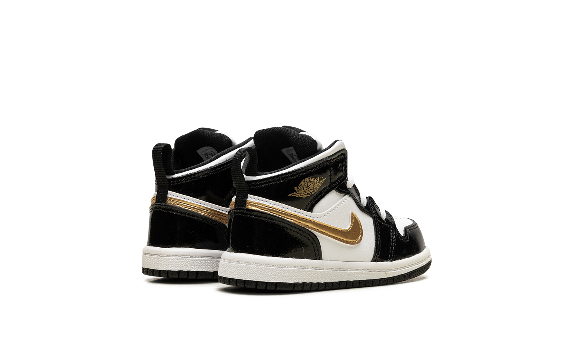 jordan 1 mid patent black white gold td+BQ6933-007+diagnol right behind view
