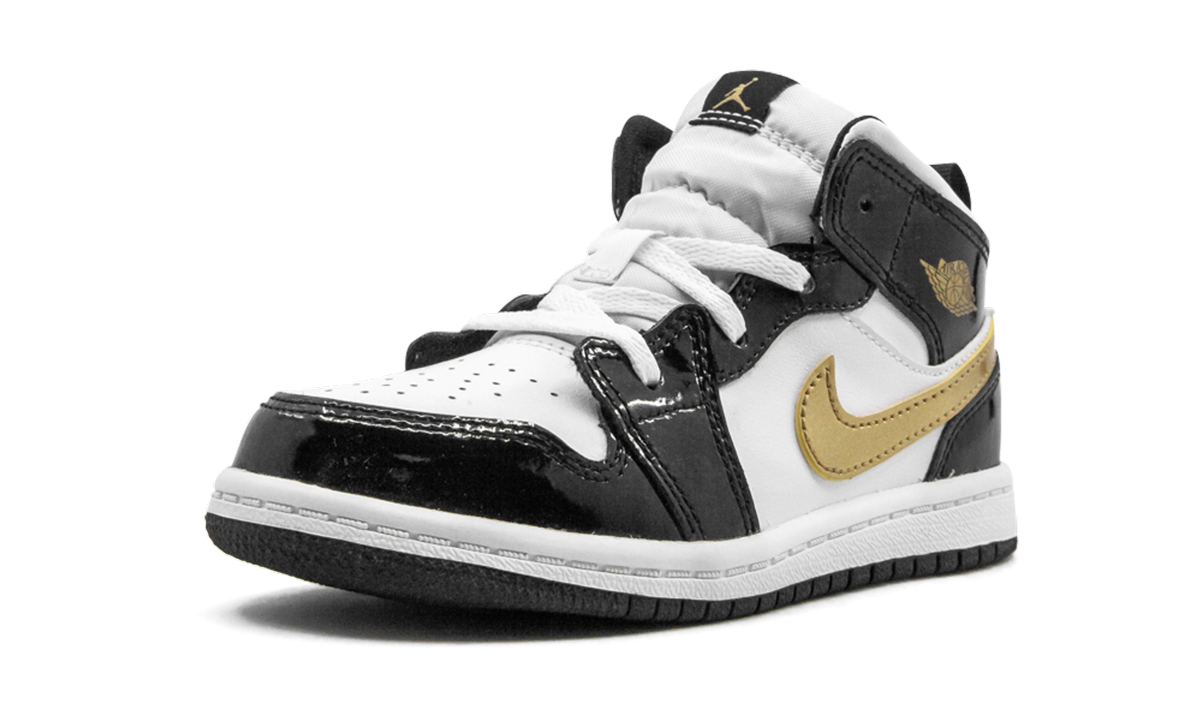 jordan 1 mid patent black white gold td+BQ6933-007+left diagnol single view