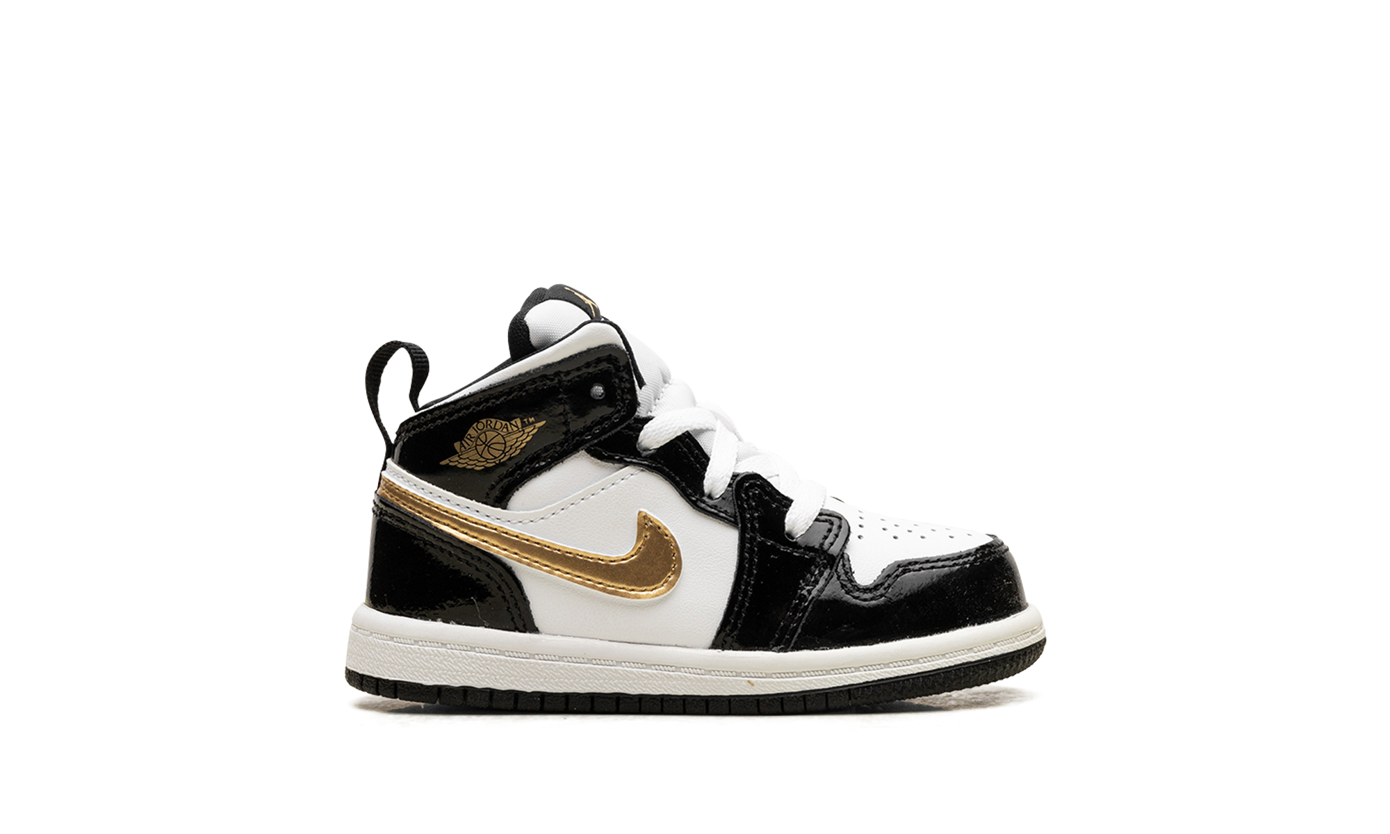 jordan 1 mid patent black white gold td+BQ6933-007+diagnol right view