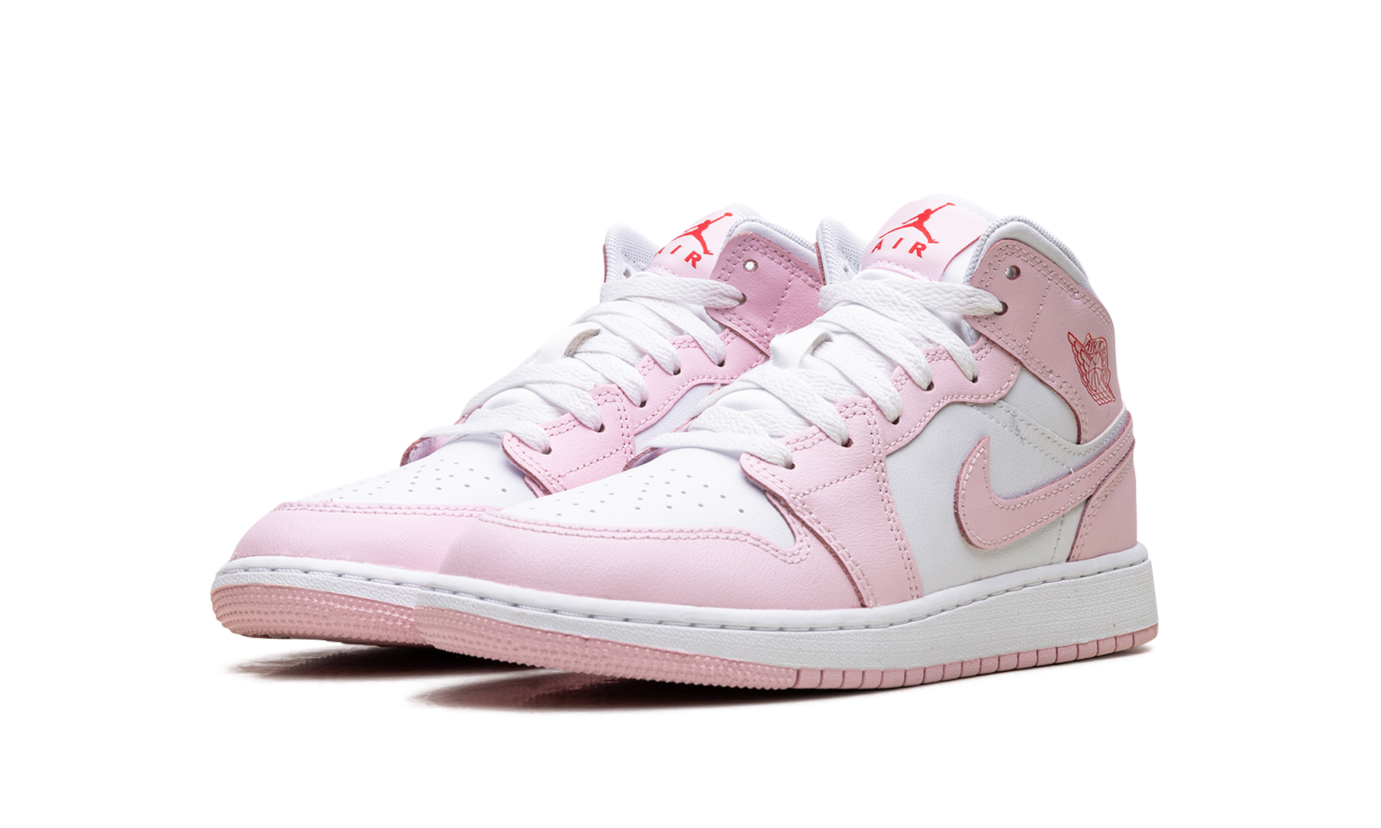 jordan 1 mid pink foam fire red gs+DQ8423-608+diagnol left view