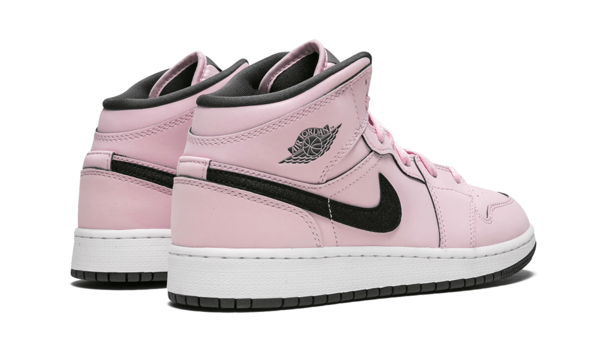 jordan 1 mid pink foam gs+555112-601+diagnol right behind view