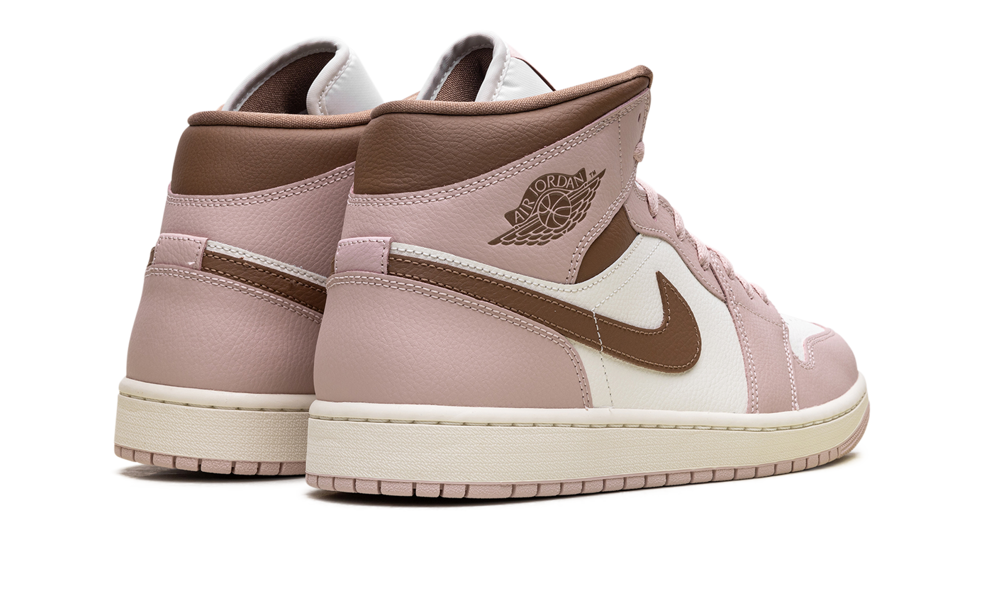 jordan 1 mid pink oxford brown women s+BQ6472-620+diagnol right behind view
