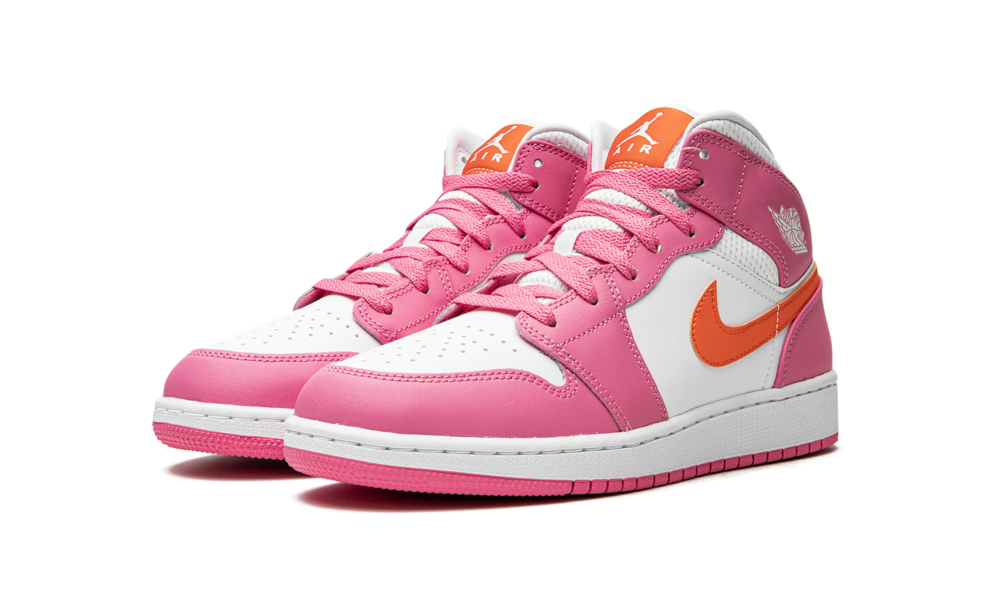 jordan 1 mid pinksicle safety orange gs+DX3240-681+diagnol left view