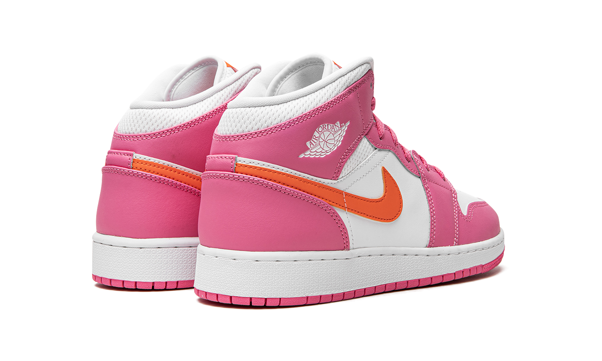 jordan 1 mid pinksicle safety orange gs+DX3240-681+diagnol right behind view