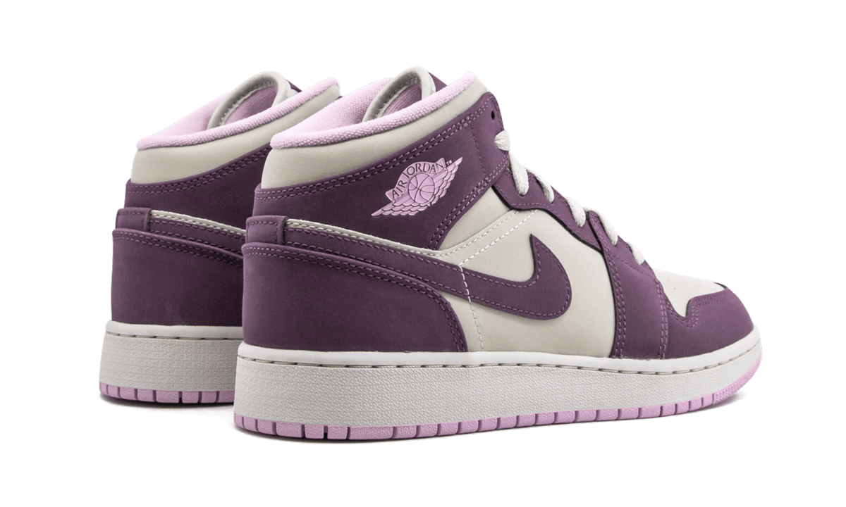 jordan 1 mid pro purple desert sand gs+555112-500+diagnol right behind view
