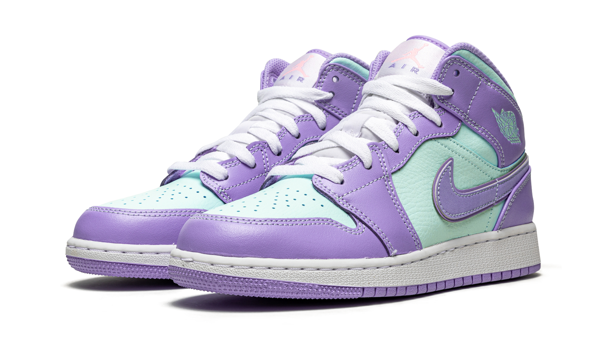 jordan 1 mid purple aqua gs+554725-500+diagnol left view