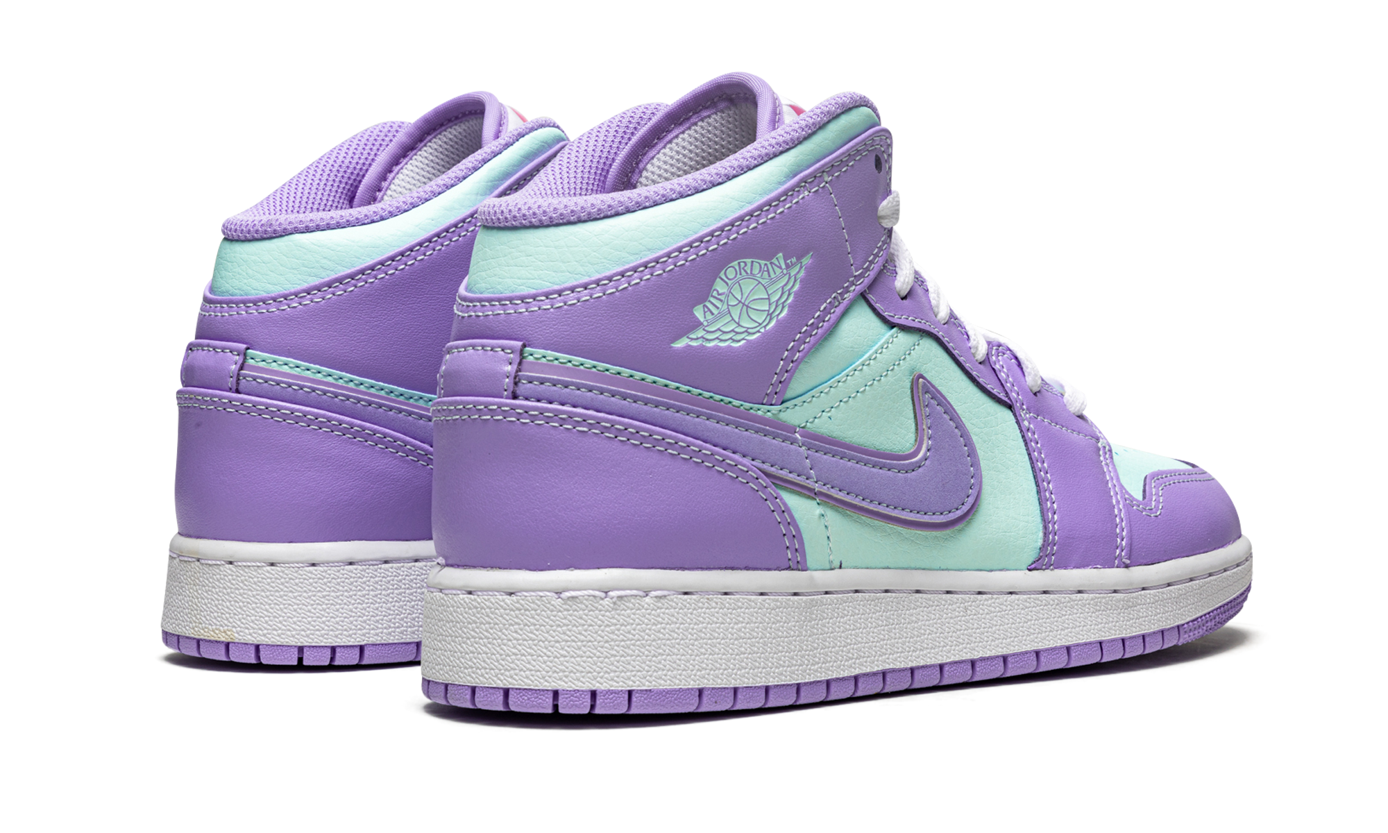 jordan 1 mid purple aqua gs+554725-500+diagnol right behind view