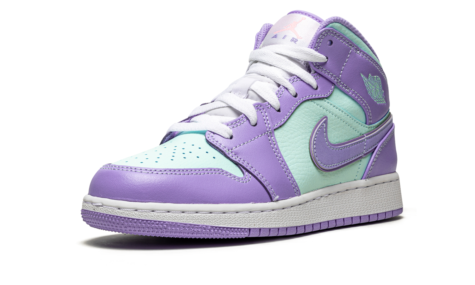 jordan 1 mid purple aqua gs+554725-500+left diagnol single view