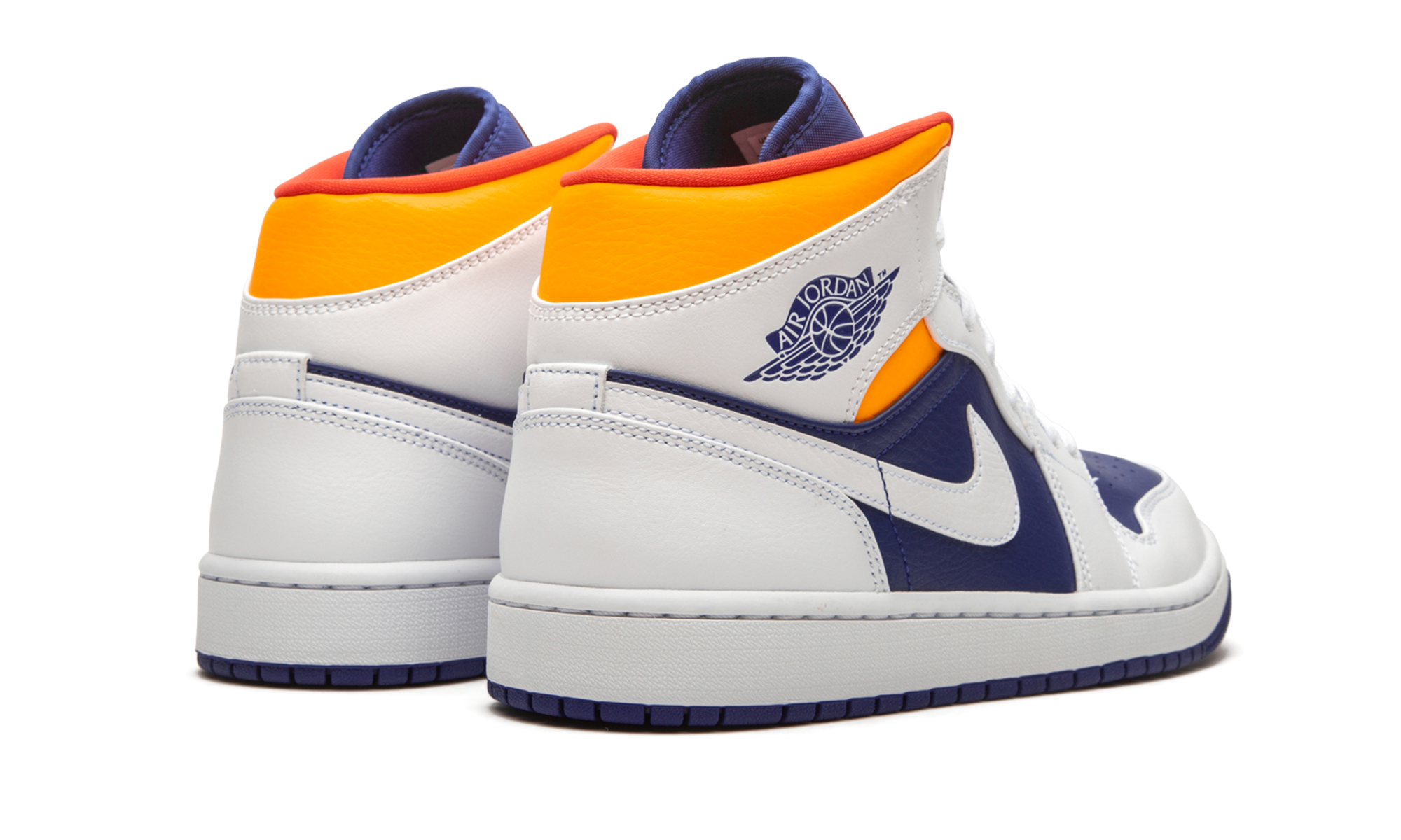 jordan 1 mid royal blue laser orange+554724-131+diagnol right behind view