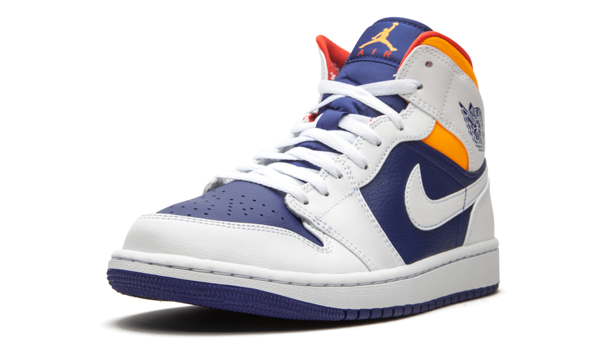 jordan 1 mid royal blue laser orange+554724-131+left diagnol single view
