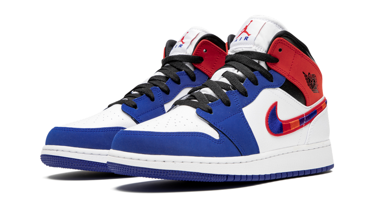jordan 1 mid rush blue university red gs+BQ6931-146+diagnol left view