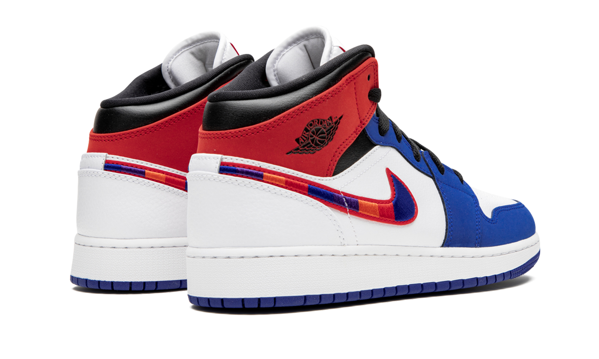 jordan 1 mid rush blue university red gs+BQ6931-146+diagnol right behind view