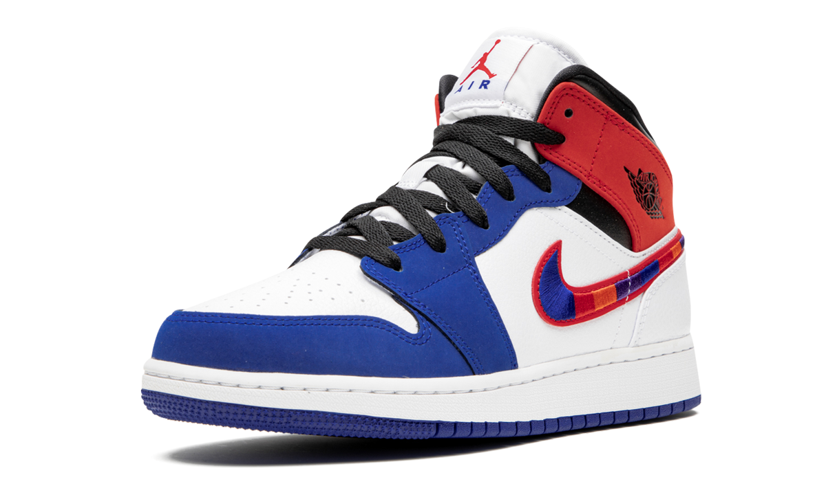 jordan 1 mid rush blue university red gs+BQ6931-146+left diagnol single view