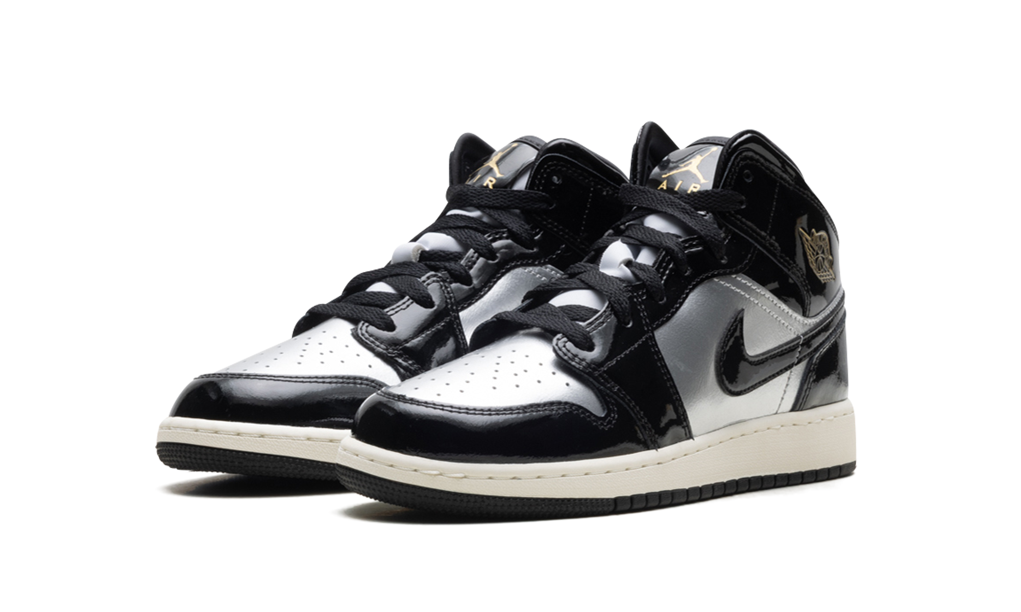jordan 1 mid se black metallic silver sail metallic gold gs+FZ3938-001+diagnol left view