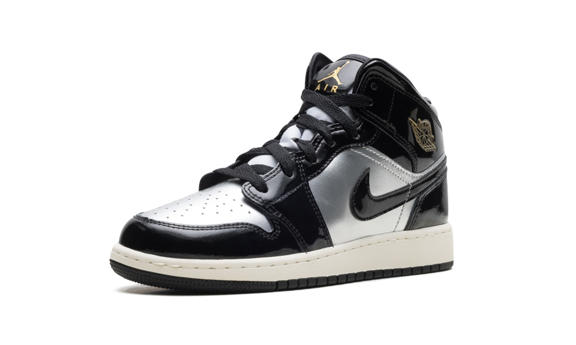 jordan 1 mid se black metallic silver sail metallic gold gs+FZ3938-001+left diagnol single view