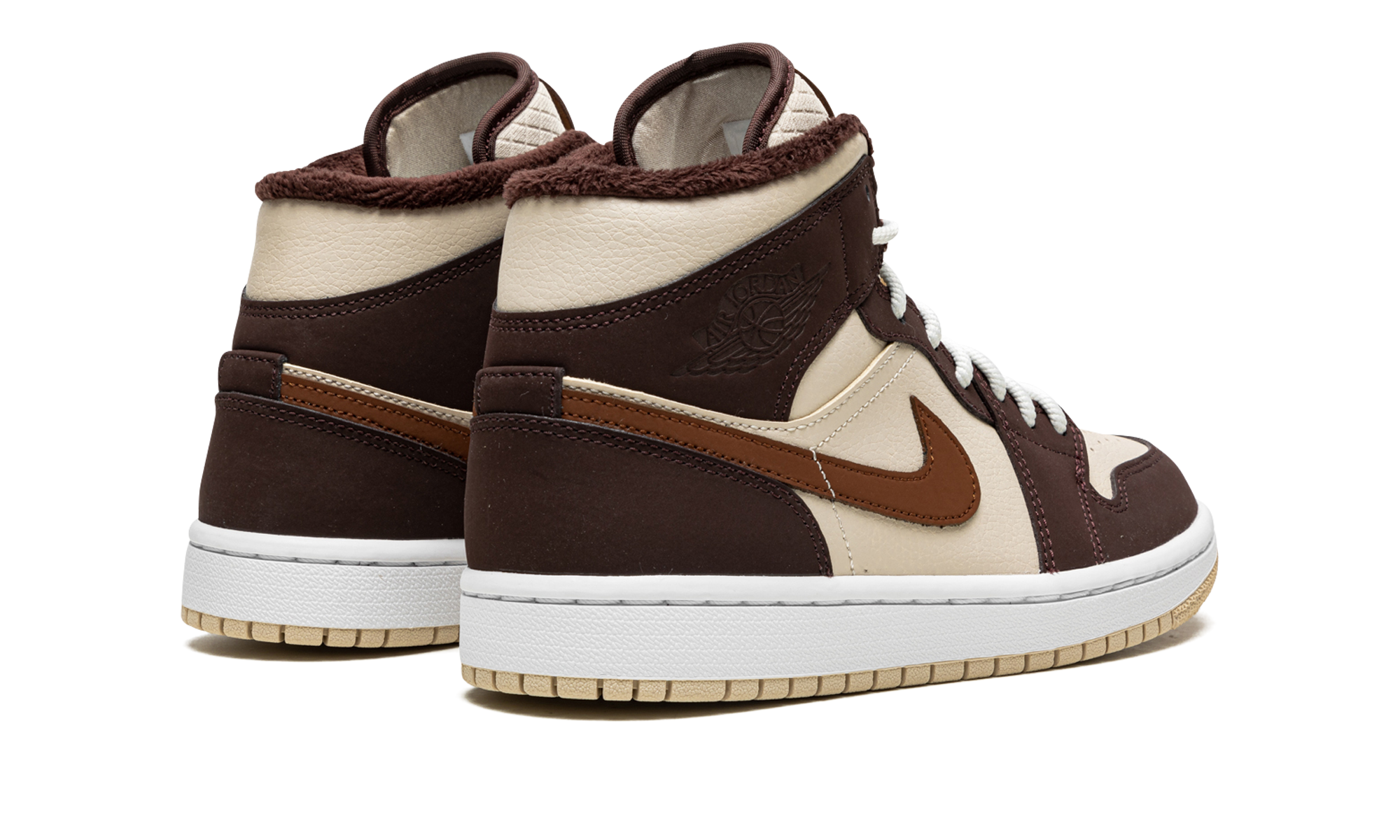 jordan 1 mid se brown basalt oatmeal women s+DO6699-200+diagnol right behind view
