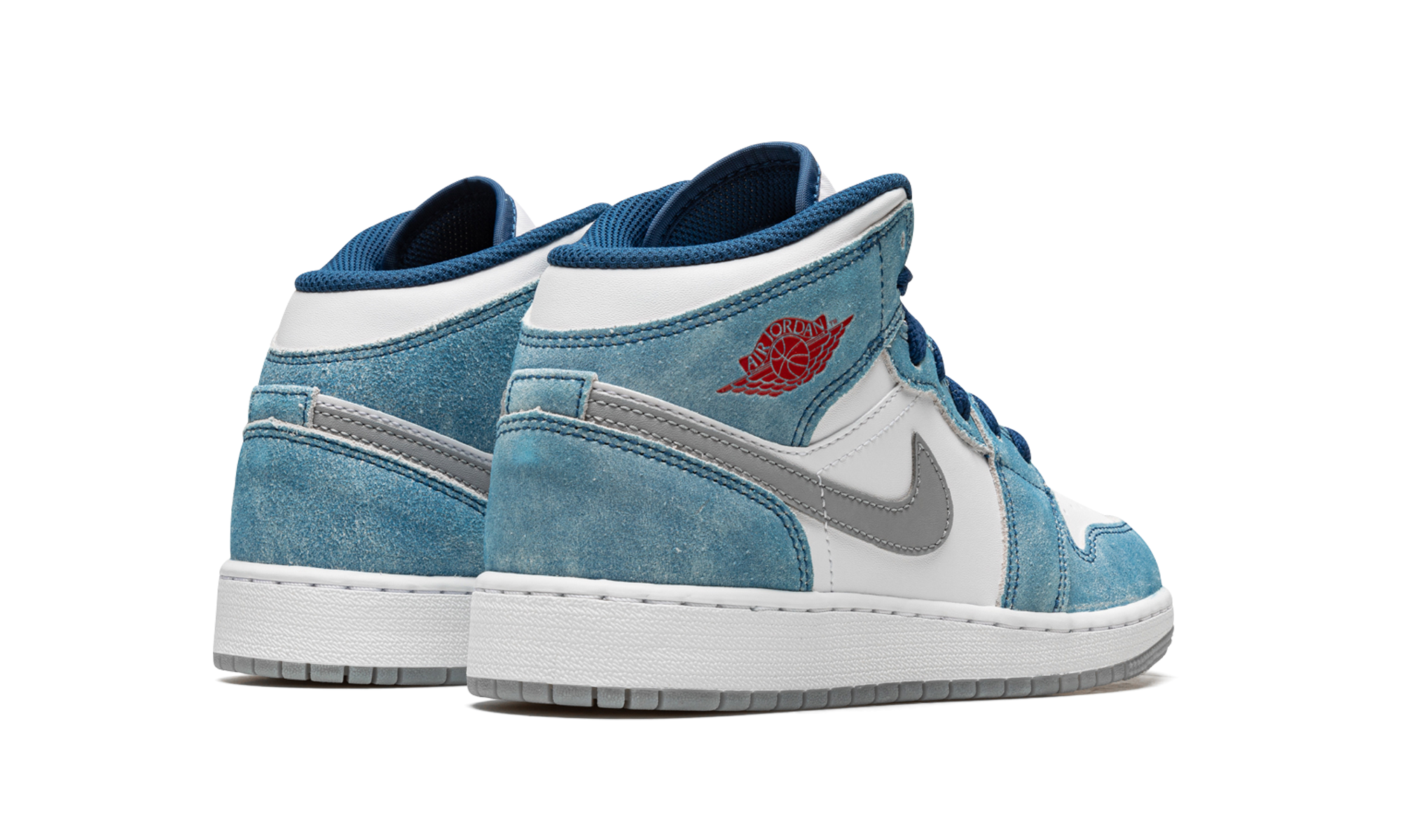 jordan 1 mid se french blue light steel gs+DR6235-401+diagnol right behind view