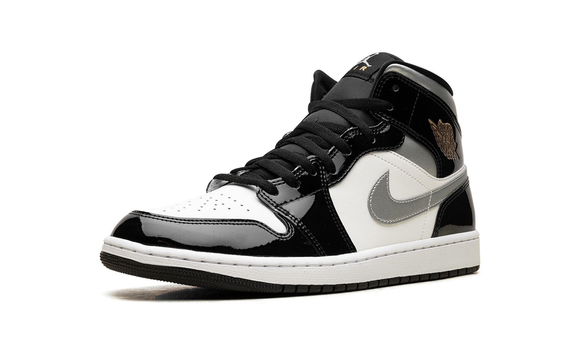 jordan 1 mid se patent black white metallic silver metallic gold+HV0789-010+left diagnol single view
