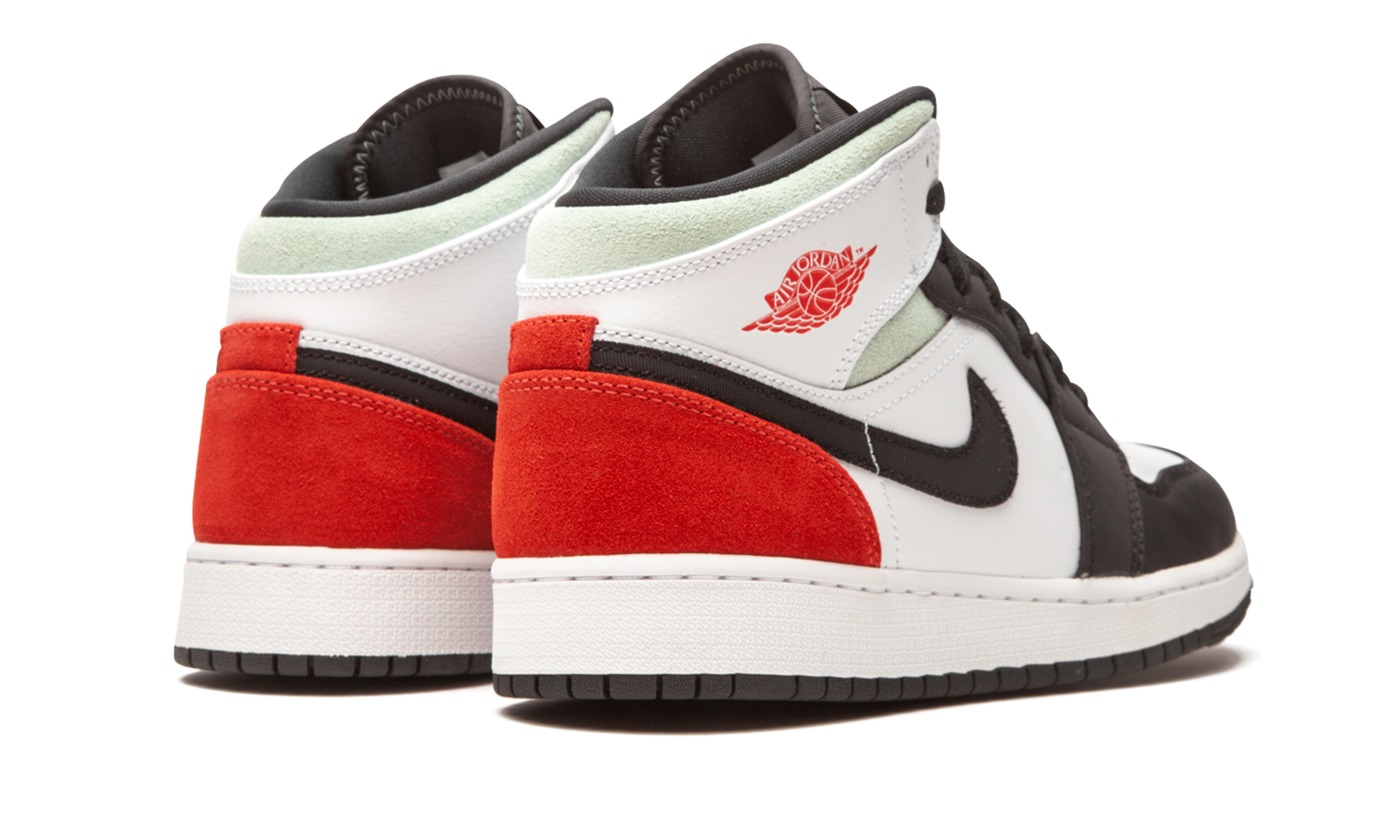 jordan 1 mid se white black red spruce gs+BQ6931-100+diagnol right behind view