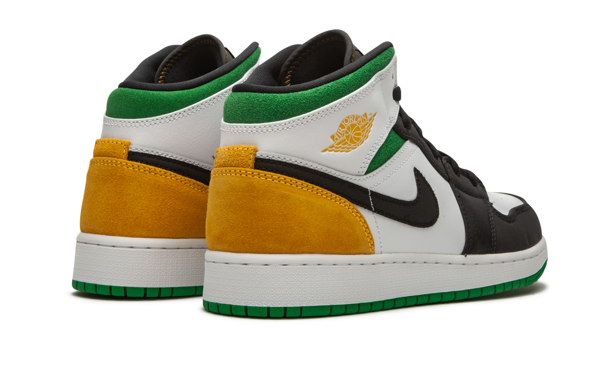 jordan 1 mid se white laser orange lucky green gs+BQ6931-101+diagnol right behind view