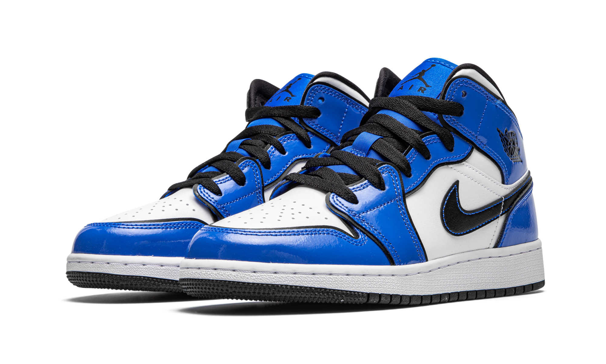jordan 1 mid signal blue gs+BQ6931-402+diagnol left view