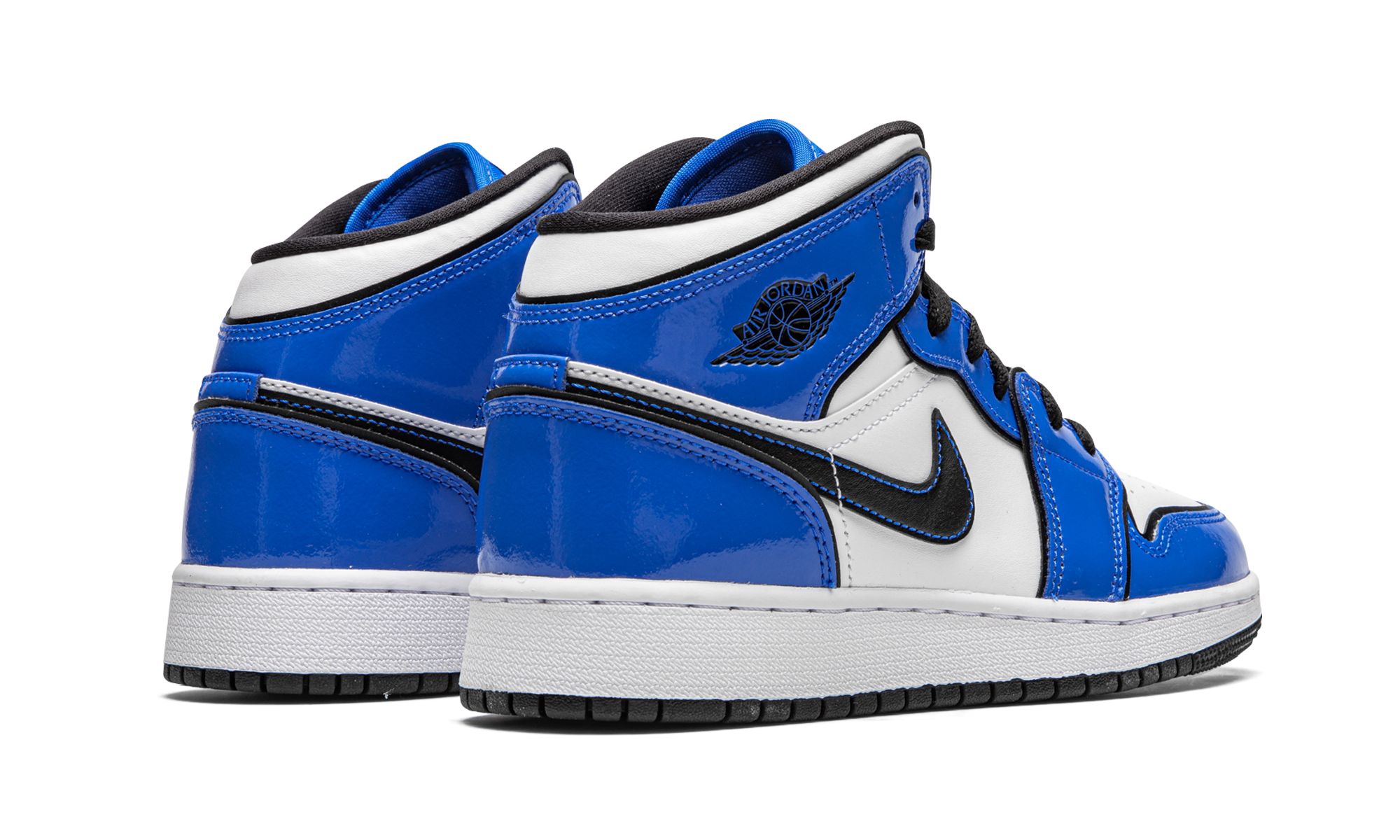 jordan 1 mid signal blue gs+BQ6931-402+diagnol right behind view