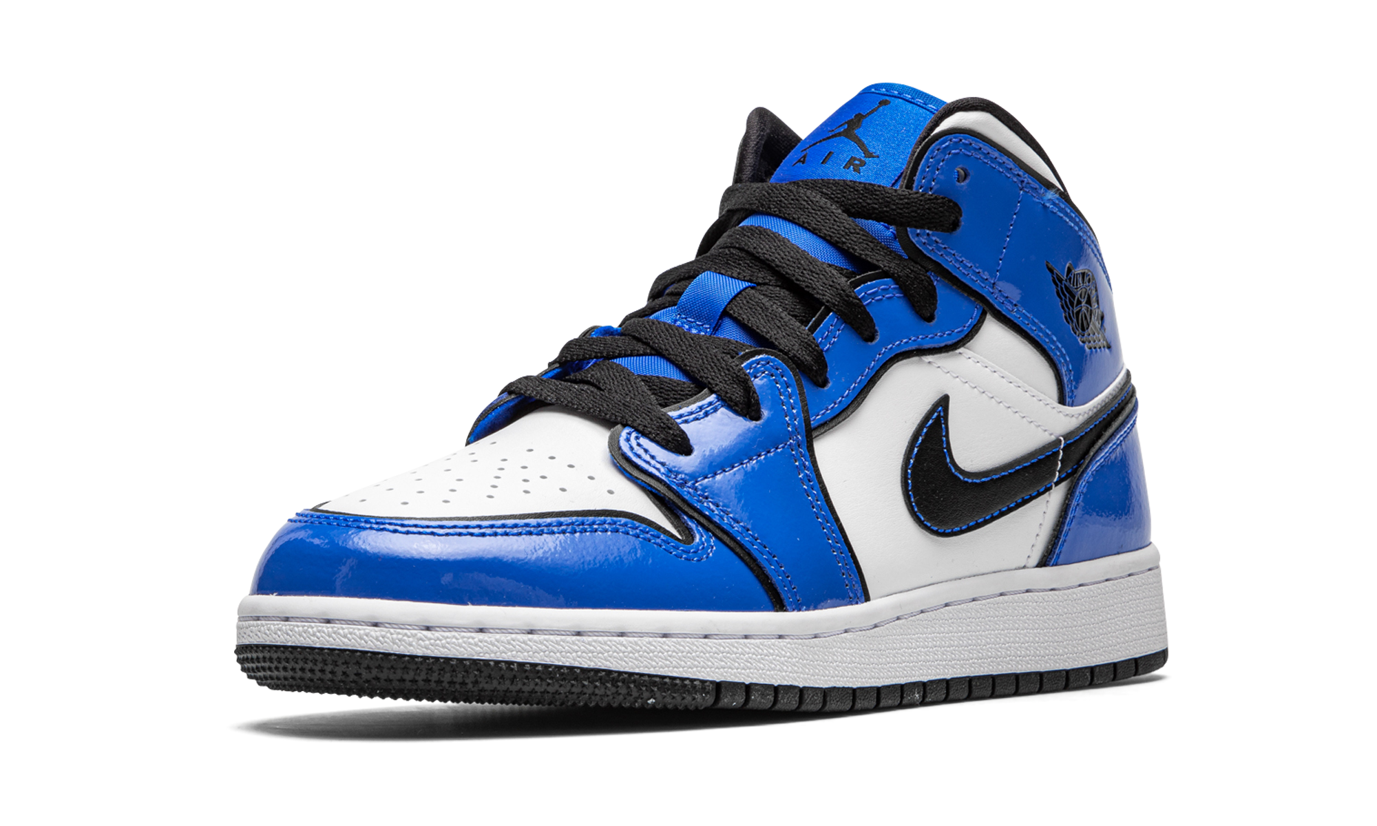 jordan 1 mid signal blue gs+BQ6931-402+left diagnol single view