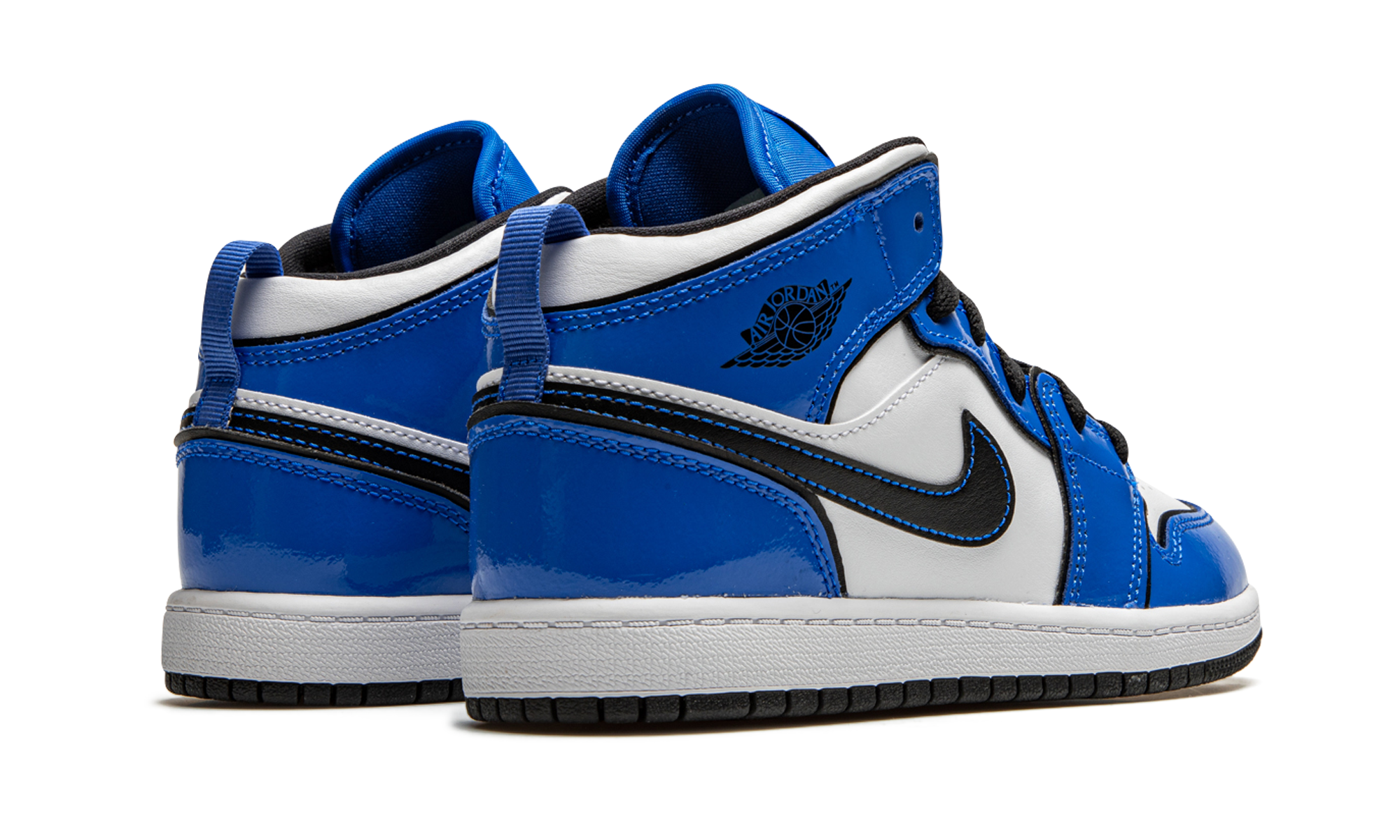 jordan 1 mid signal blue ps+BQ6932-402+diagnol right behind view