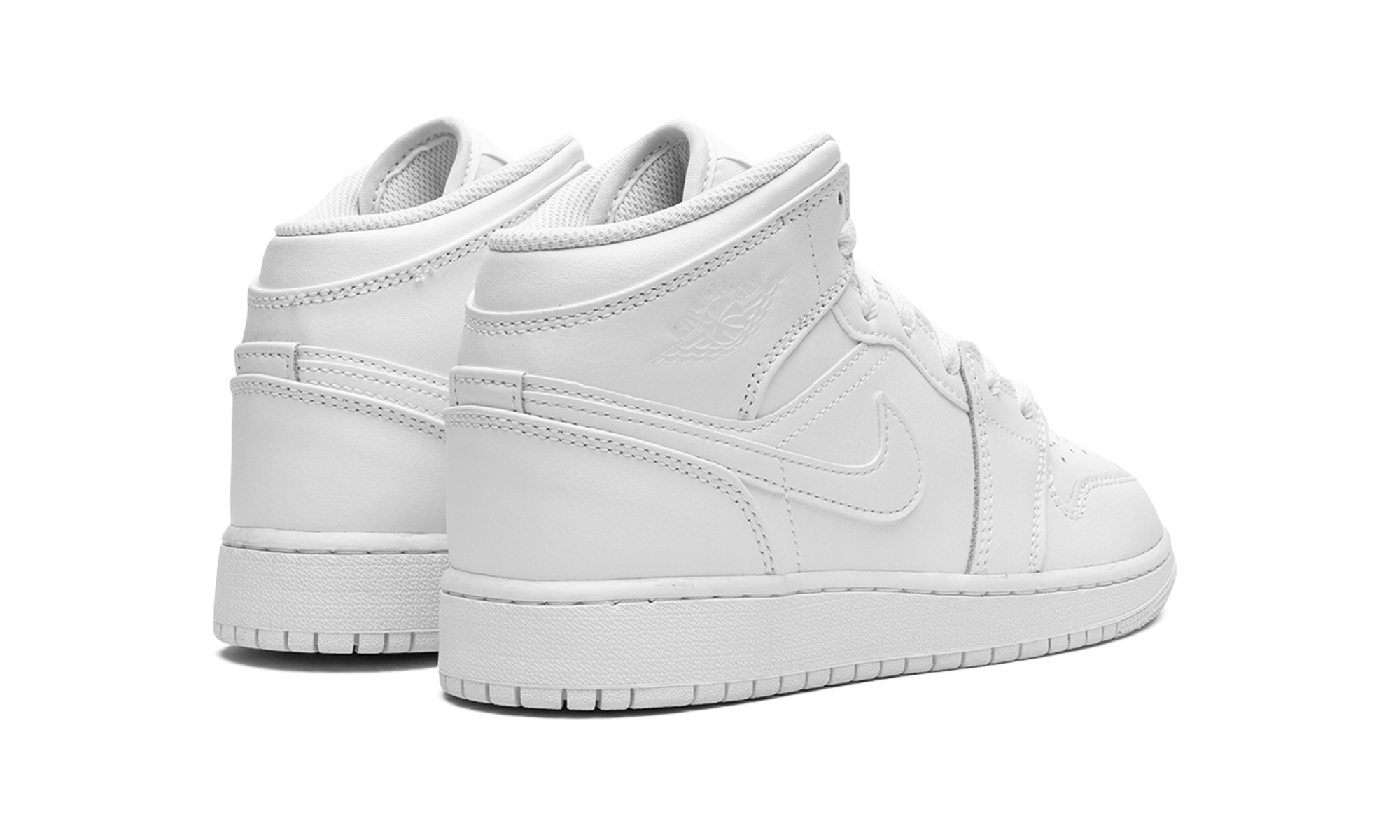 jordan 1 mid triple white 2023 gs+554725-136+diagnol right behind view
