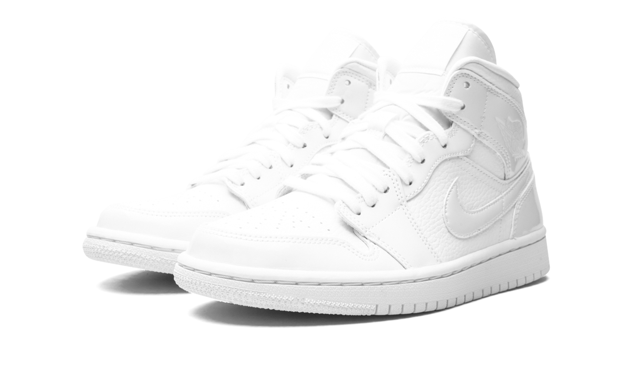 jordan 1 mid triple white patent swoosh women s+BQ6472-100+diagnol left view