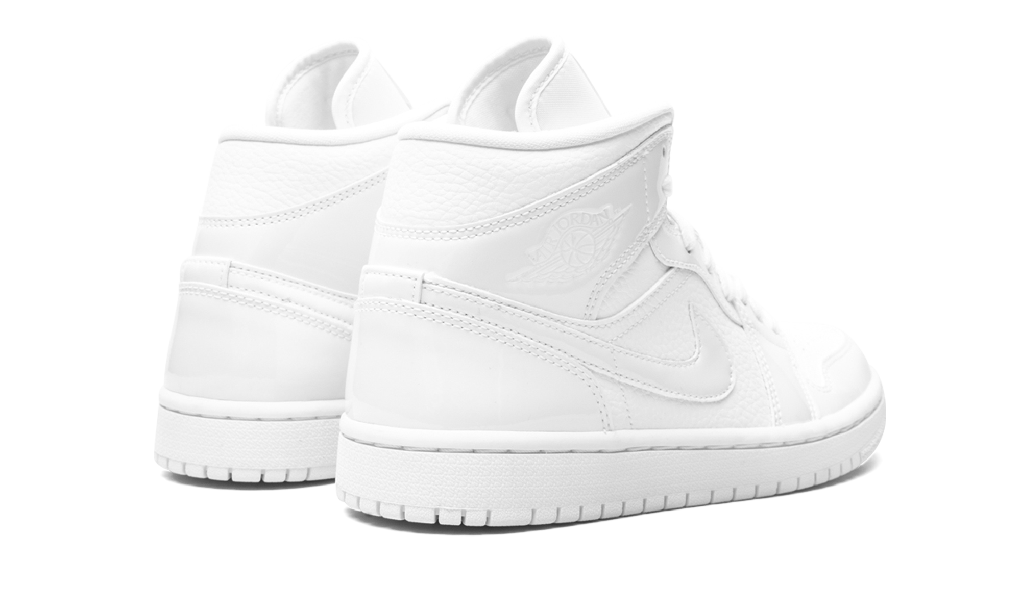 jordan 1 mid triple white patent swoosh women s+BQ6472-100+diagnol right behind view