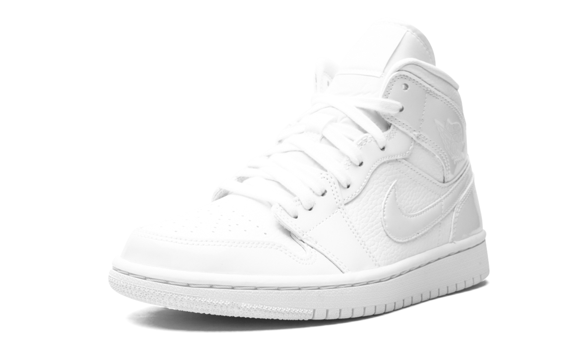 jordan 1 mid triple white patent swoosh women s+BQ6472-100+left diagnol single view