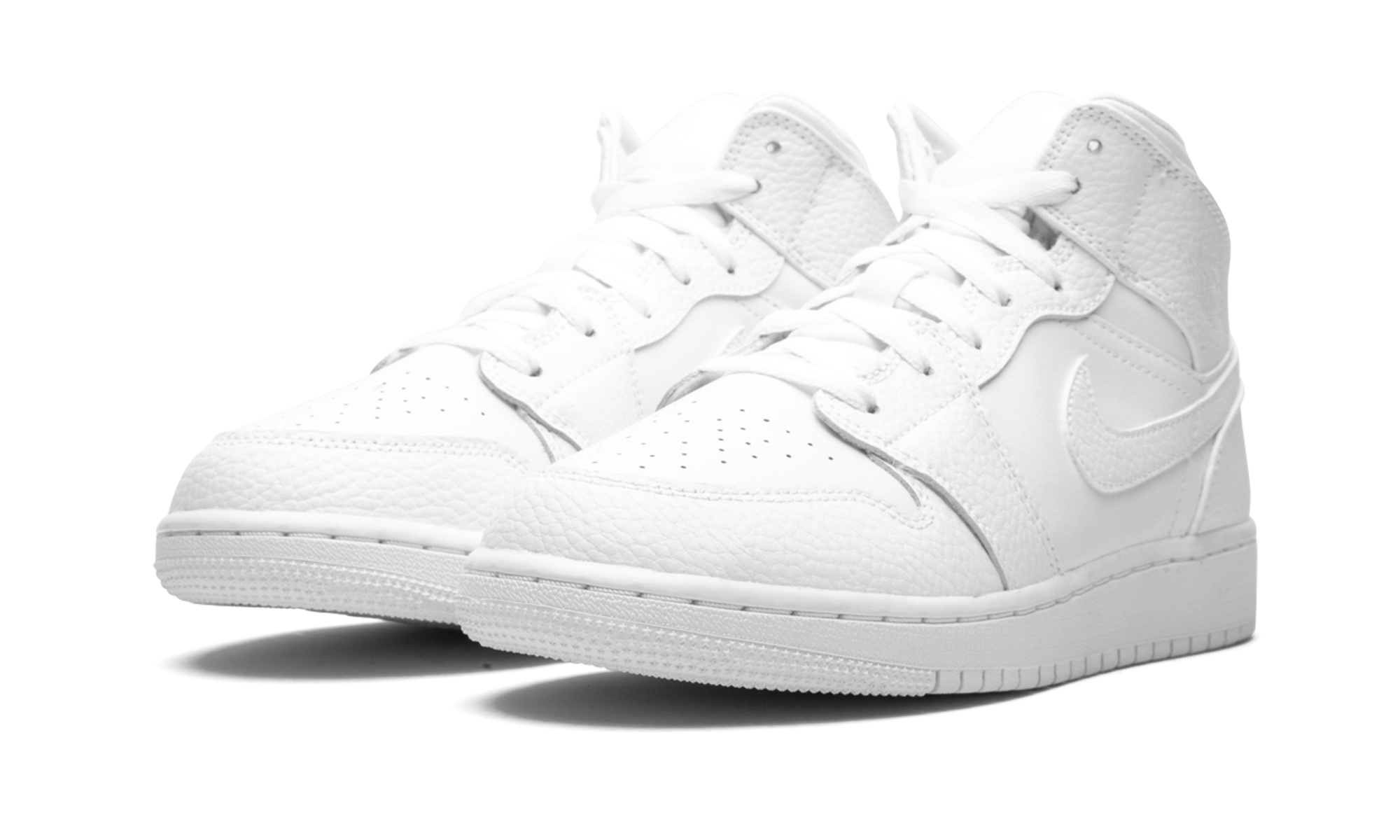 jordan 1 mid triple white tumbled leather gs+554725-130+diagnol left view