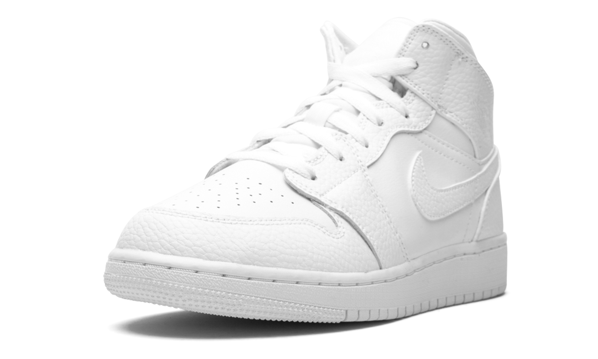 jordan 1 mid triple white tumbled leather gs+554725-130+left diagnol single view