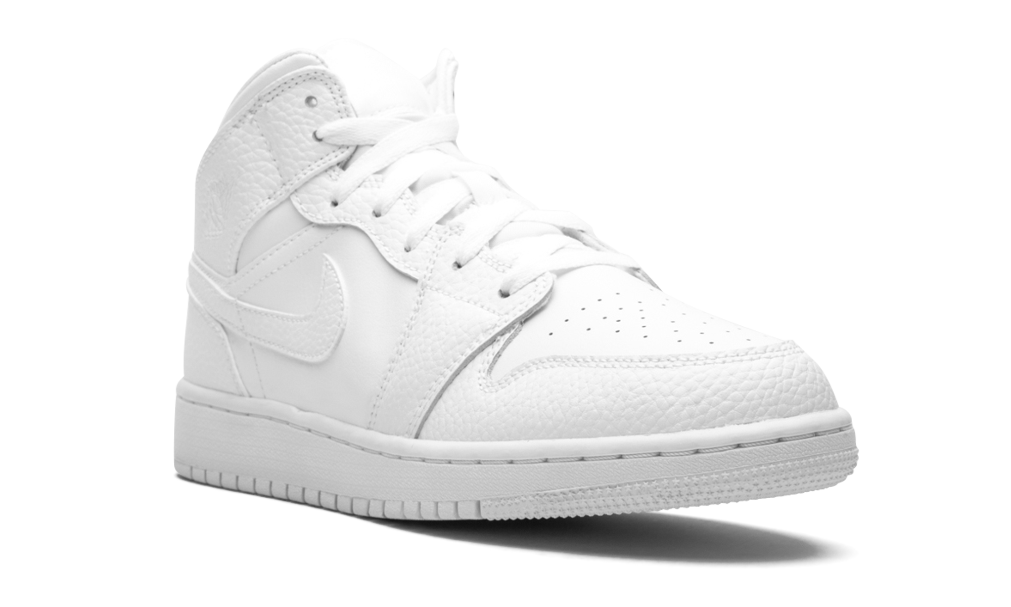 jordan 1 mid triple white tumbled leather gs+554725-130+diagnol right view