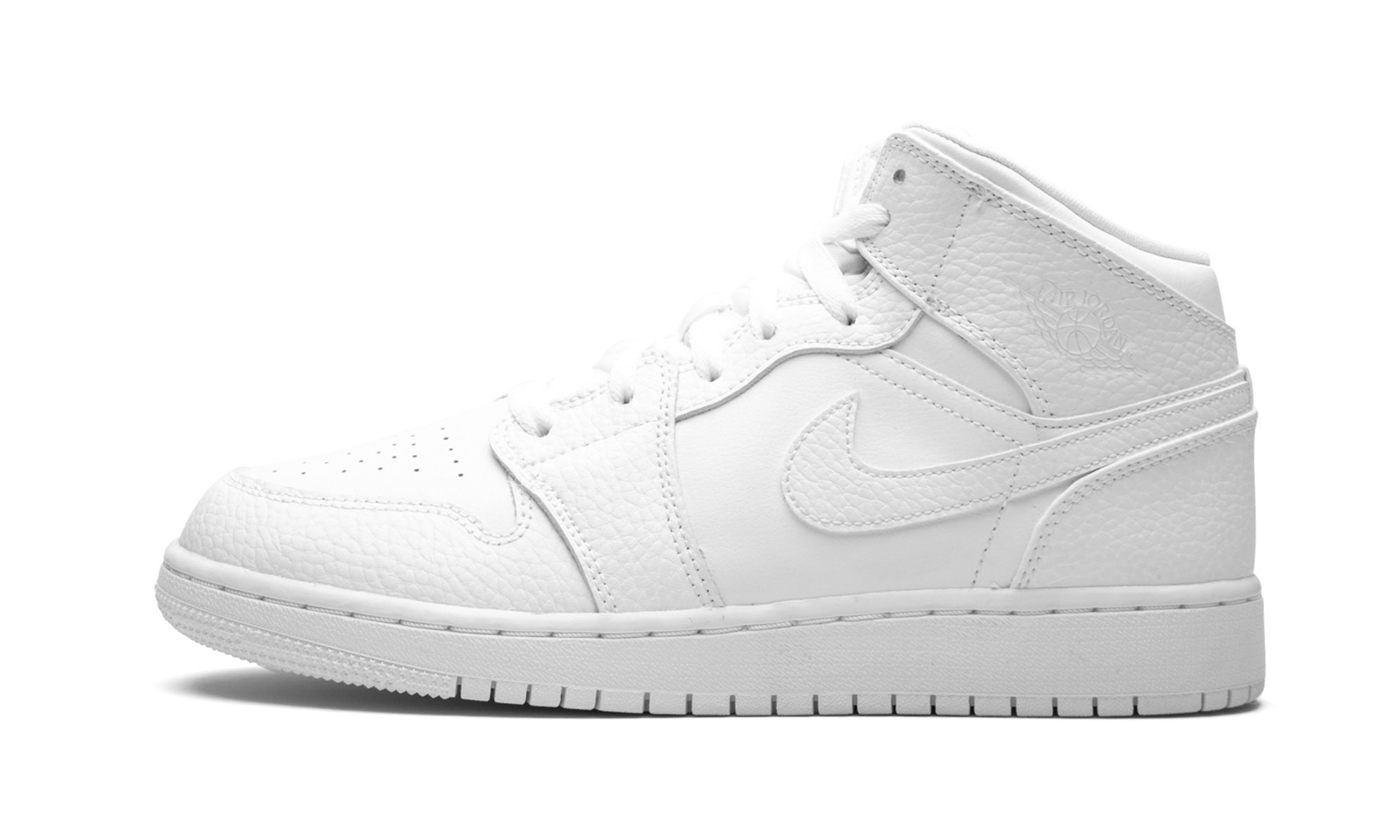 jordan 1 mid triple white tumbled leather gs+554725-130+diagnol right view 1